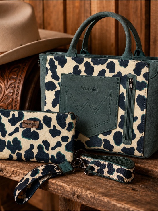 Wrangler Handbags - NWT Wrangler Cow Print Tote Bag & Wristlet Set Green Crossbody Straps